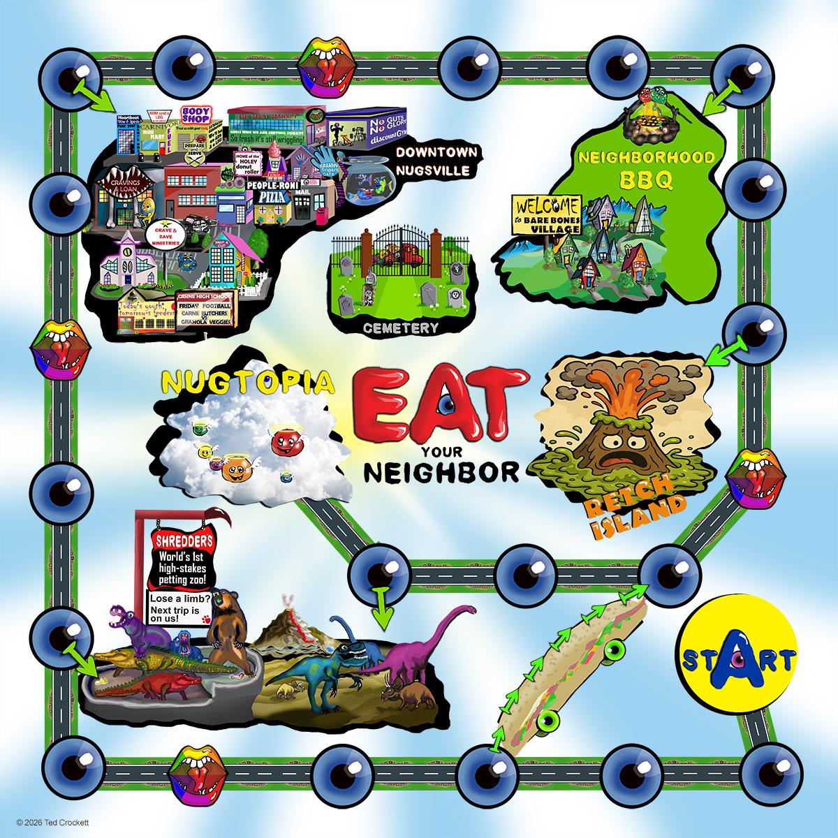 The Eat Your Neighbor game board, featuring Downtown Nugsville, Nugtopia, Retch Island, and the Cemetery